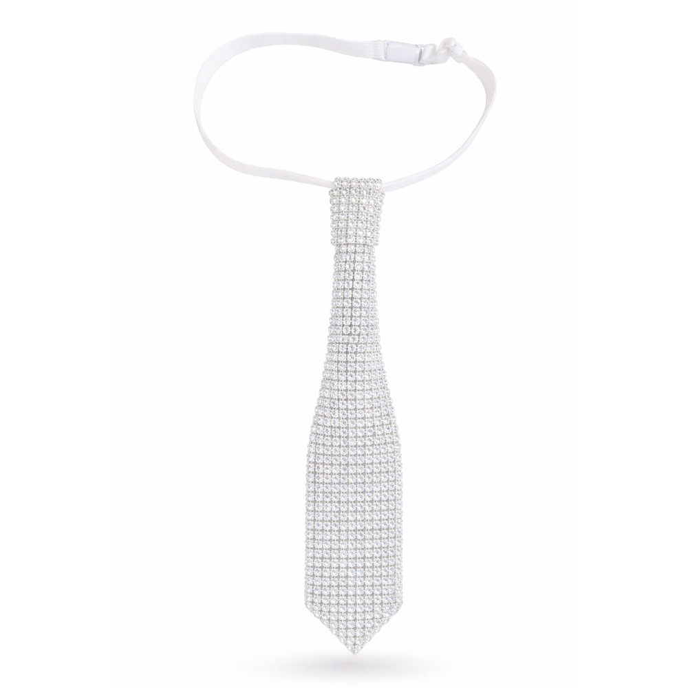 Rhinestone Crystal Necktie Adjustable Elastic Strap Silver Tone Mesh Sparkle Tie